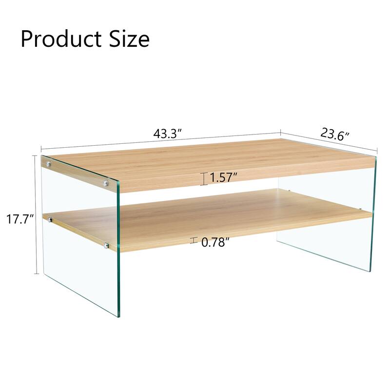 Double Layered Rectangular Coffee Table, Made Of MDF With Wooden Stickers, With Transparent Tempered Glass On Both Side