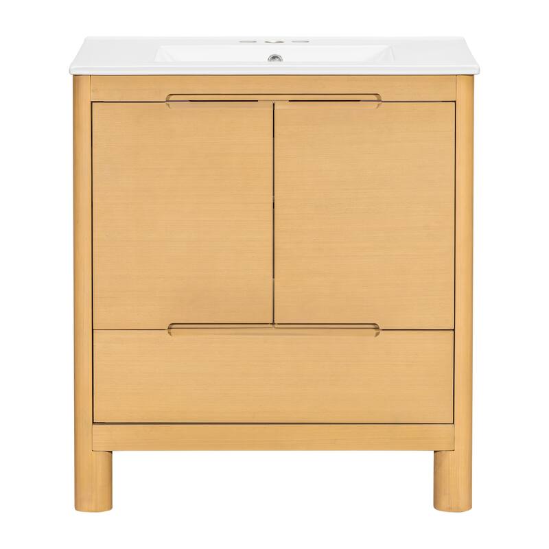 30" Modern Solid Wood Frame Bathroom Vanity Set with Ceramic Sink, Natural Wood Grain Cabinet & Soft-Close Doors