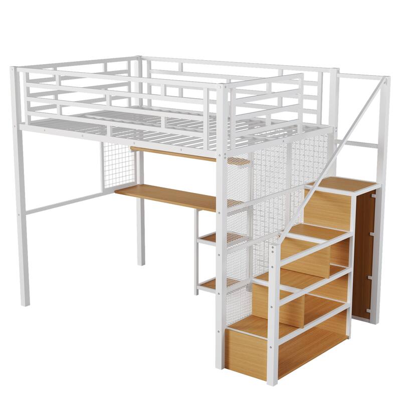 Full Size White Metal Loft Bed with Built-in Wardrobe, Desk & Storage Shelves
