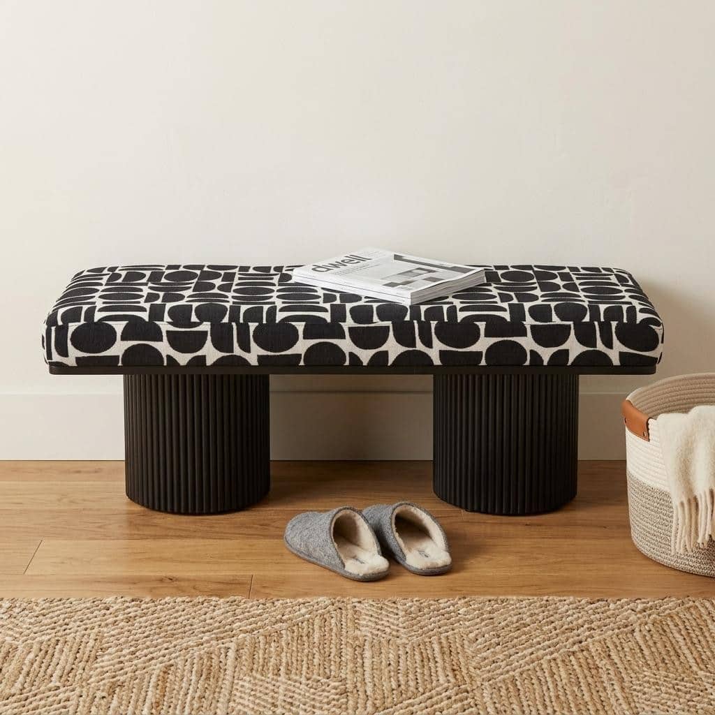 HomeRoots 49" Black And White Geometric Fabric and Solid Wood Upholstered Bench - 49.00 in. x 16.90 in. x 19.00 in.