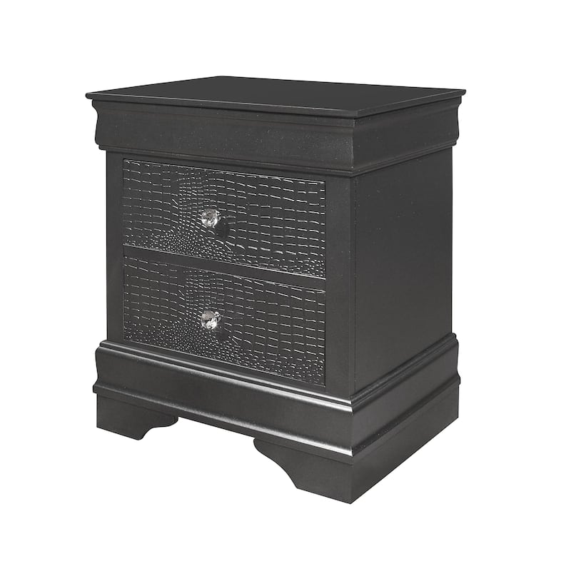 Contemporary Crocodile Texture Nightstand with Crystal Hardware - Metallic Grey