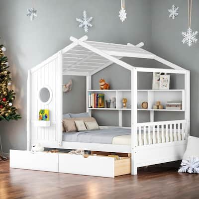 White Wooden Full Size House Bed with 2 Drawers,Kids Bed with Storage Shelf