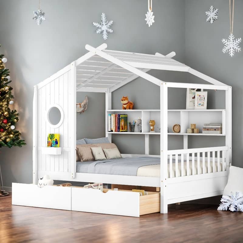 White Wooden Full Size House Bed with 2 Drawers,Kids Bed with Storage Shelf Bed Bath & Beyond