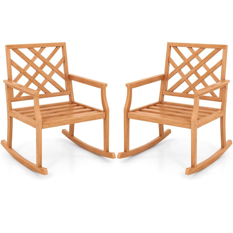 Costway 1/2 PCS Teak Wood Rocking Chair with Backrest and Slatted Seat - 2 PCS