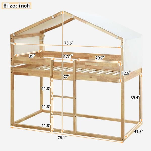 dimension image slide 1 of 3, Twin Over Twin Bunk Bed Wood Bed with Tent