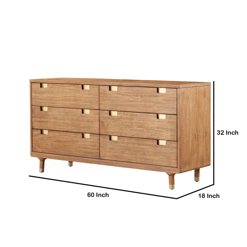 60 Inch 6 Drawer Wooden Dresser with Cutout Pulls, Brown