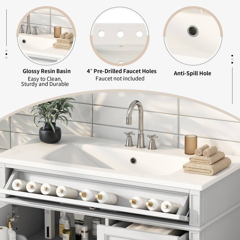 GDFStudio - Riviera Modern Bathroom Vanity with Resin Sink, Tip-Out Drawer and Adjustable Storage - 36'W