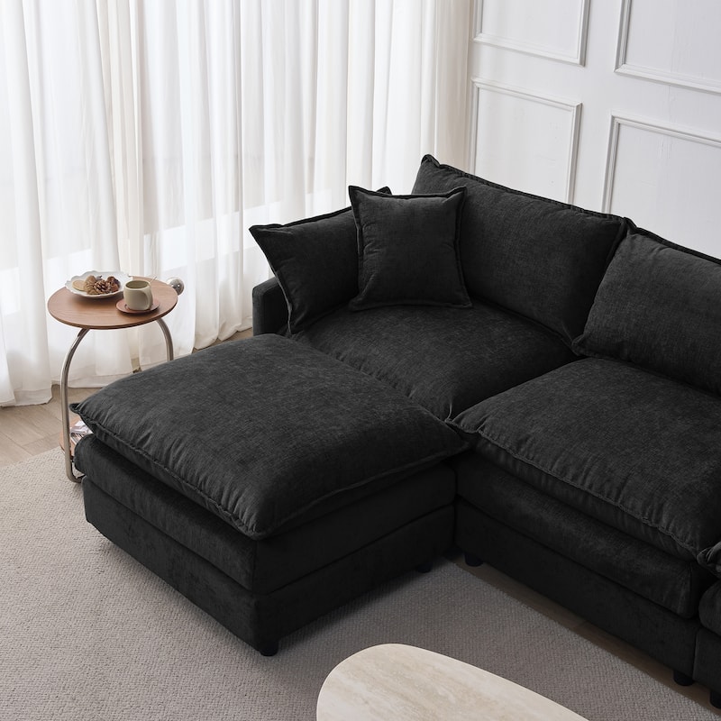 Chenille Upholstered L-shaped Sectional Sofa 3 Seater Modular Couch with Ottoman, Pillows and Double Layer Seat Cushions