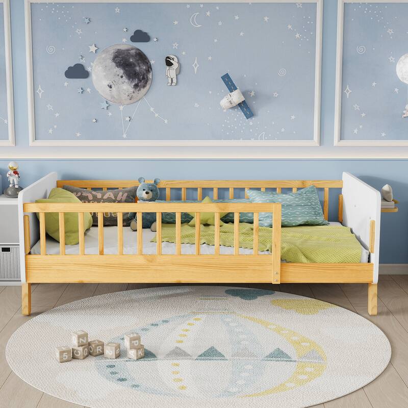 Kids Wood Platform Bed with Guardrails, Bottle Holder and 2 Hanging Rod, Convertible Toddler Daybed, Low Profile Design Frame