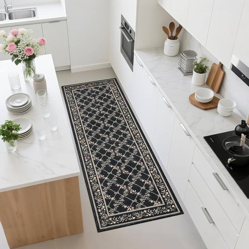 Floral Neutral Washable Hallway Low Pile Area Rug for Bedroom, Living Room, Black - 2' x 3'