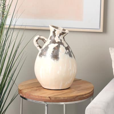 Cream Ceramic Antique Style Pot Decorative Vase with Curved Handle