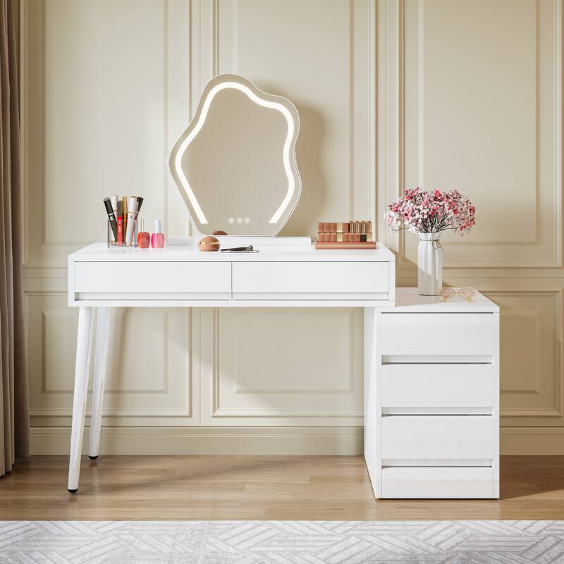 Reversible Computer Desk with Drawers, Modern Home Office Desk with Storage Drawers