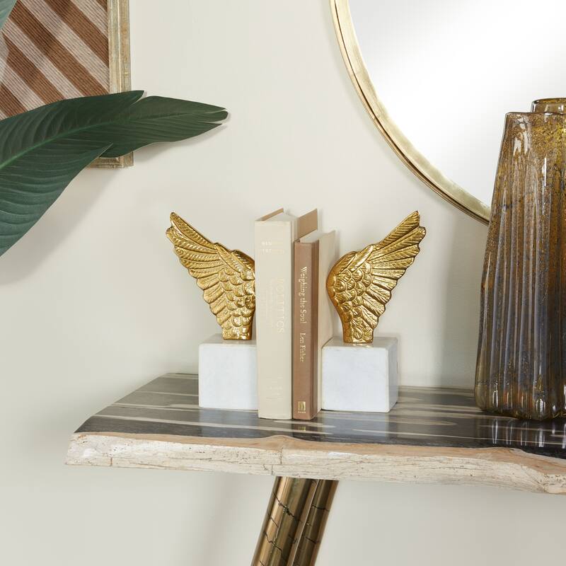 Gold or Silver Aluminum Wings Bird Bookends with Marble Base (Set of 2) - 5 x 3 x 10 - Gold
