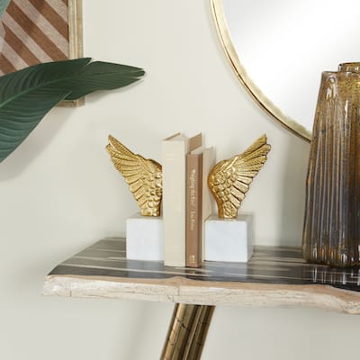 Gold or Silver Aluminum Wings Bird Bookends with Marble Base (Set of 2) - 5 x 3 x 10