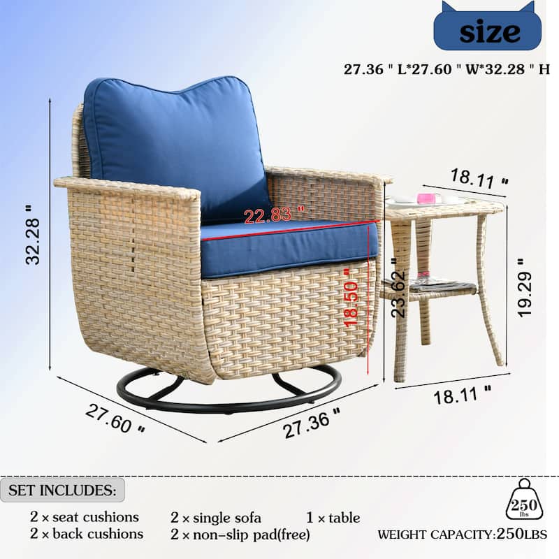 OVIOS 3-piece Pet-Friendly Patio Furniture Swivel Chairs Wicker Set