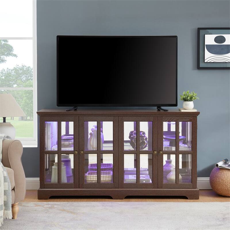 LED Antique Glass Curio Display Cabinet Showcase with 4 Lattice Doors