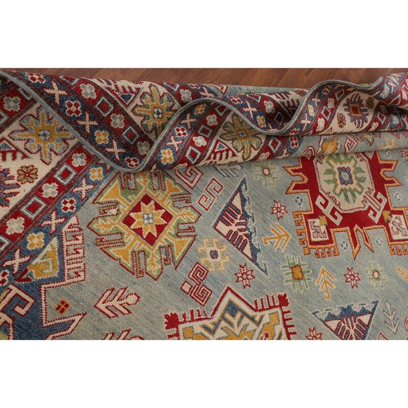 Hand Knotted Oriental 100% Wool Carpet Traditional Geometric Navy Blue & Blues Kazak Area Rug - 9' 8'' X 6' 6''