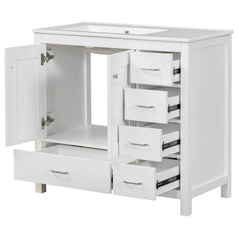36'' Bathroom Vanity with Ceramic Sink Combo, Modern Bathroom Vanity Cabinet with 2 Soft Close Doors and 5 Storage Drawers