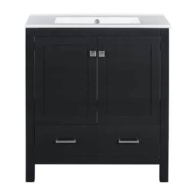 30" Black Solid Wood Bathroom Vanity Set - Undermount Sink Combo with 2 Doors, 1 Drawer & Soft-Close Mechanism‌