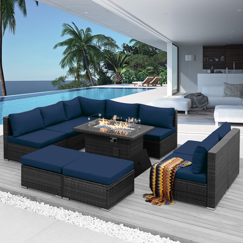 FINCATI 10-piece High Back Oversized Patio Furniture Conversation Set Outdoor Sectional Sofa with Fire Pit Table