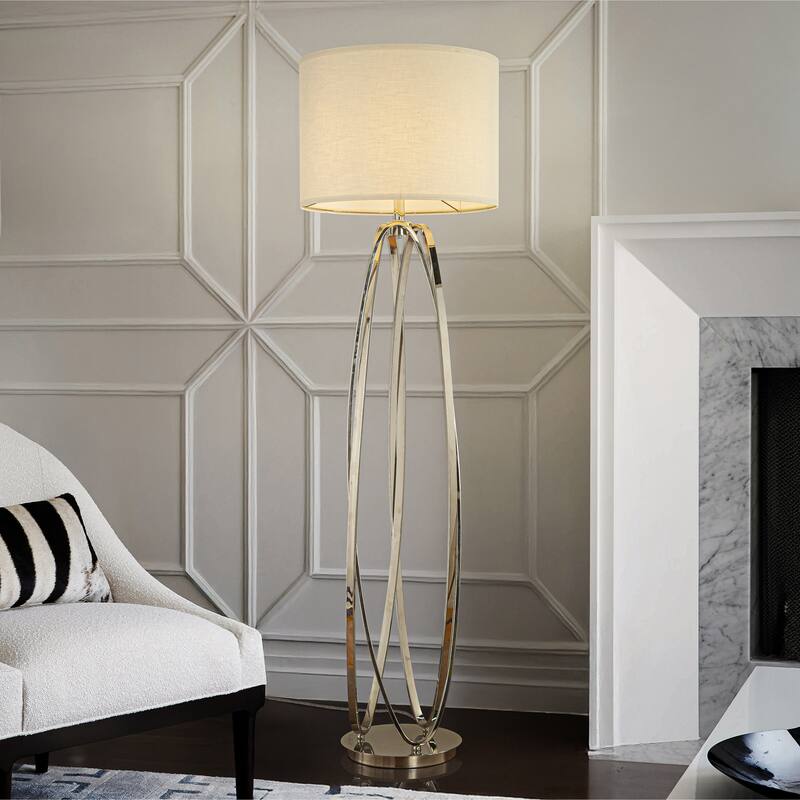 62'' Elegant Modern Polished Nickel Metal Floor Lamp With Ivory Fabric Drum Shade For Living Room Dining Room - W18''