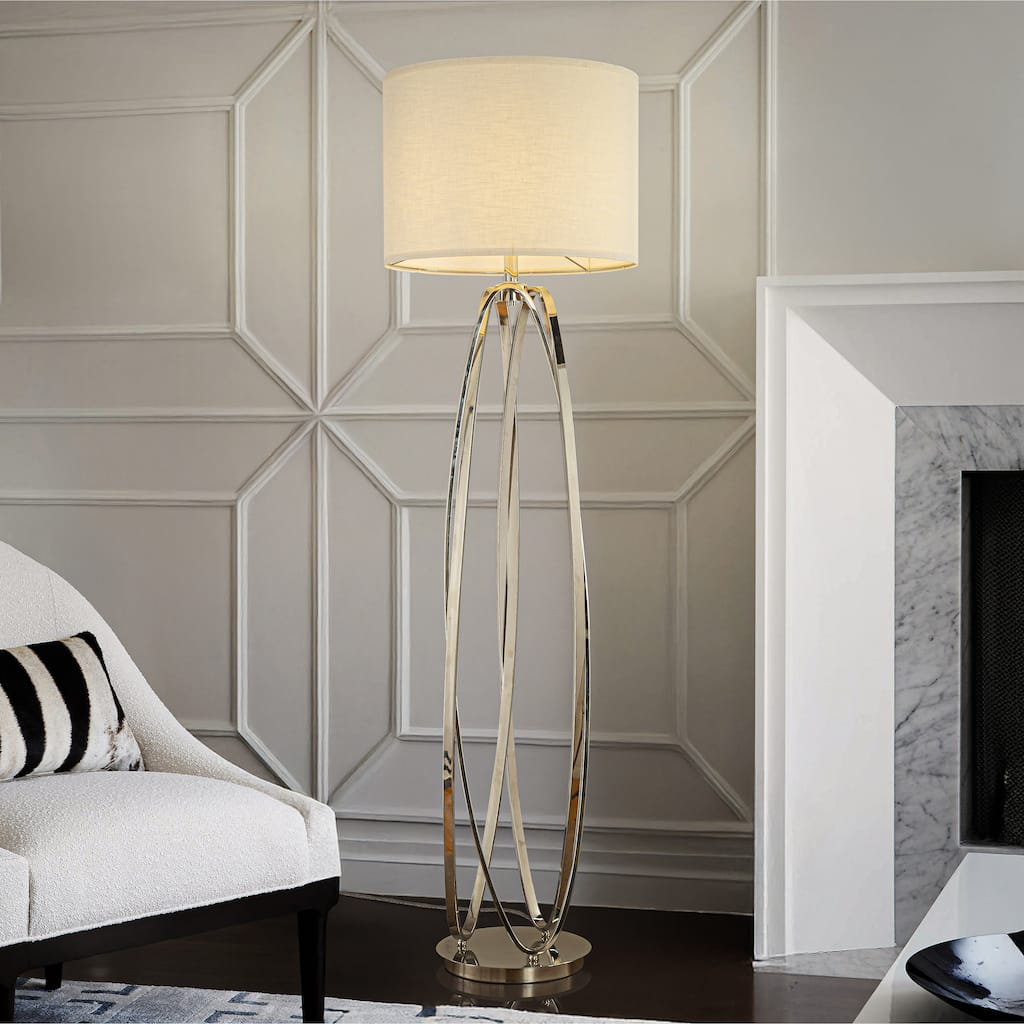62'' Elegant Modern Polished Nickel Metal Floor Lamp With Ivory Fabric Drum Shade For Living Room Dining Room - W18''