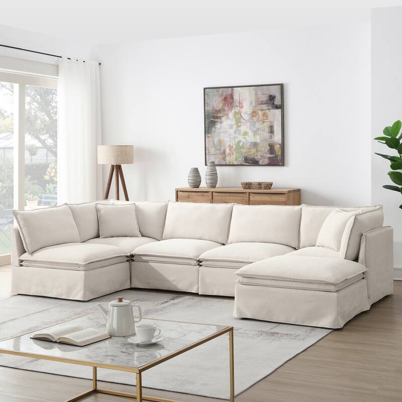 6-Seater Oversized Chenille Couch with Movable Ottoman by Harper&Bright Designs - Off White