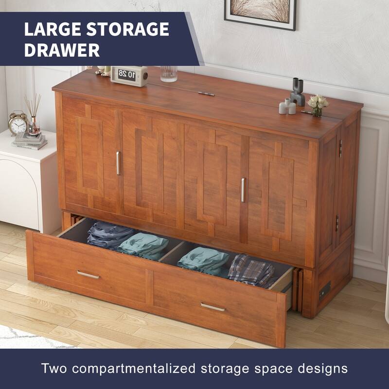 Mixoy Modern Murphy Bed Chest with Mattress,Storage Drawer,Charging Station