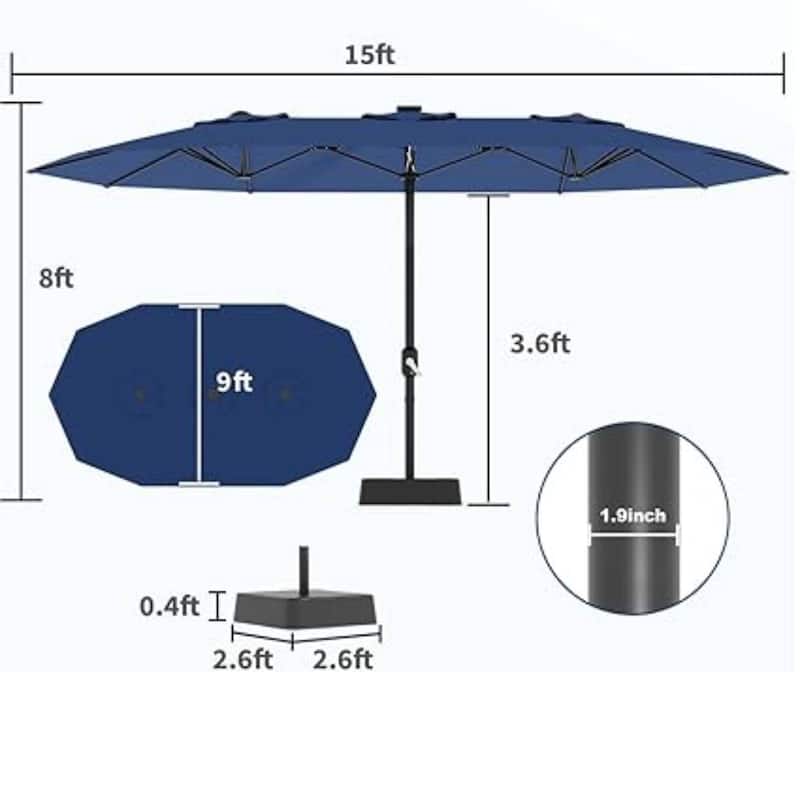 15FT Double-Sided Patio Umbrella with Base Included for Pool Lawn Garden