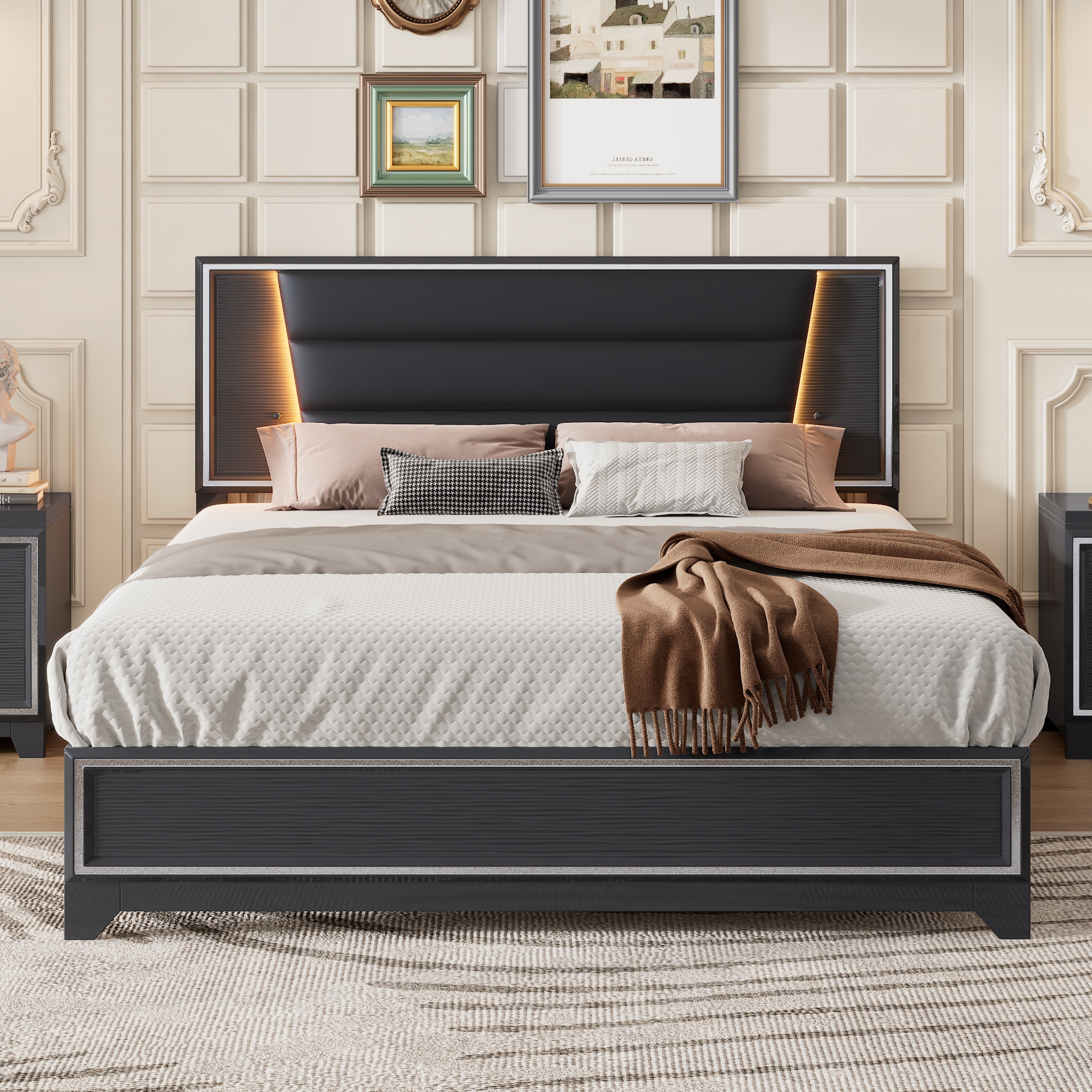 マットレス bubob326 Queen Size PU Upholstered Bed, Headboard with LED Light