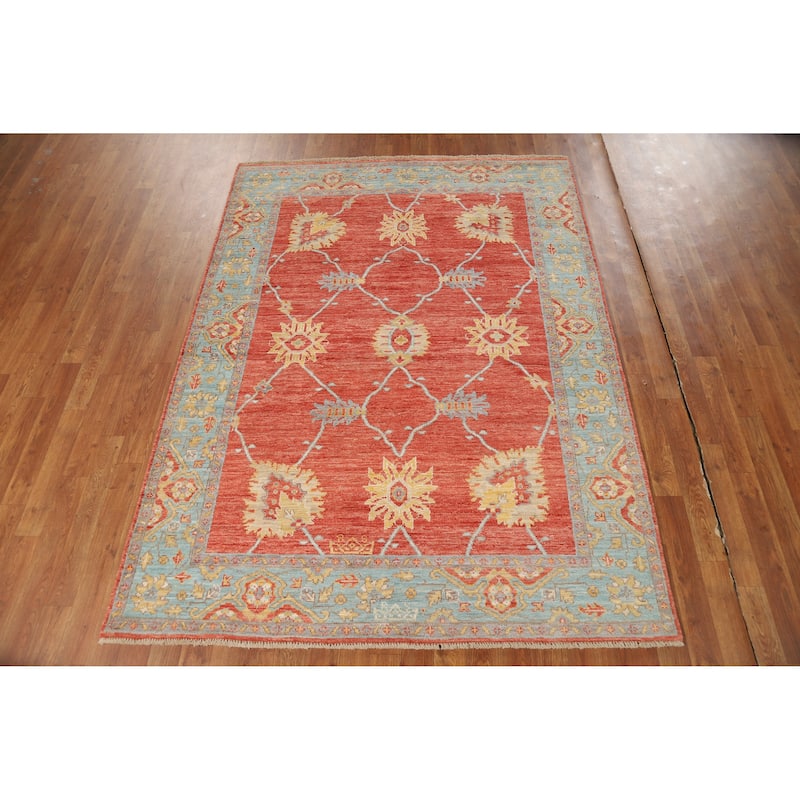 Vegetable Dye Oushak Turkish Rug Oriental Hand-Knotted Wool Carpet - 5'0"x 6'11"