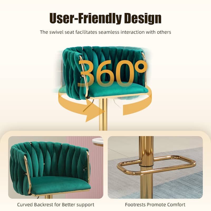 Velvet Upholstered Swivel Adjustable Height Bar Stools With Metal Footrest（set of 2）