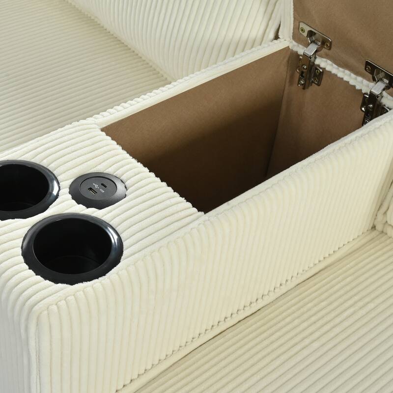 105" L-Shaped Corduroy Sectional Sofa with Storage Armrests and Console, 4-Seater Convertible Couch with USB charging