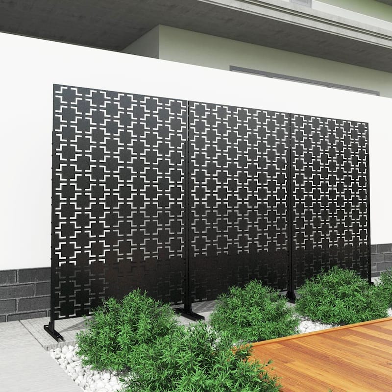 Outdoor Privacy Screen with Stand for Patio Garden Metal Fence - Black - 003-Square