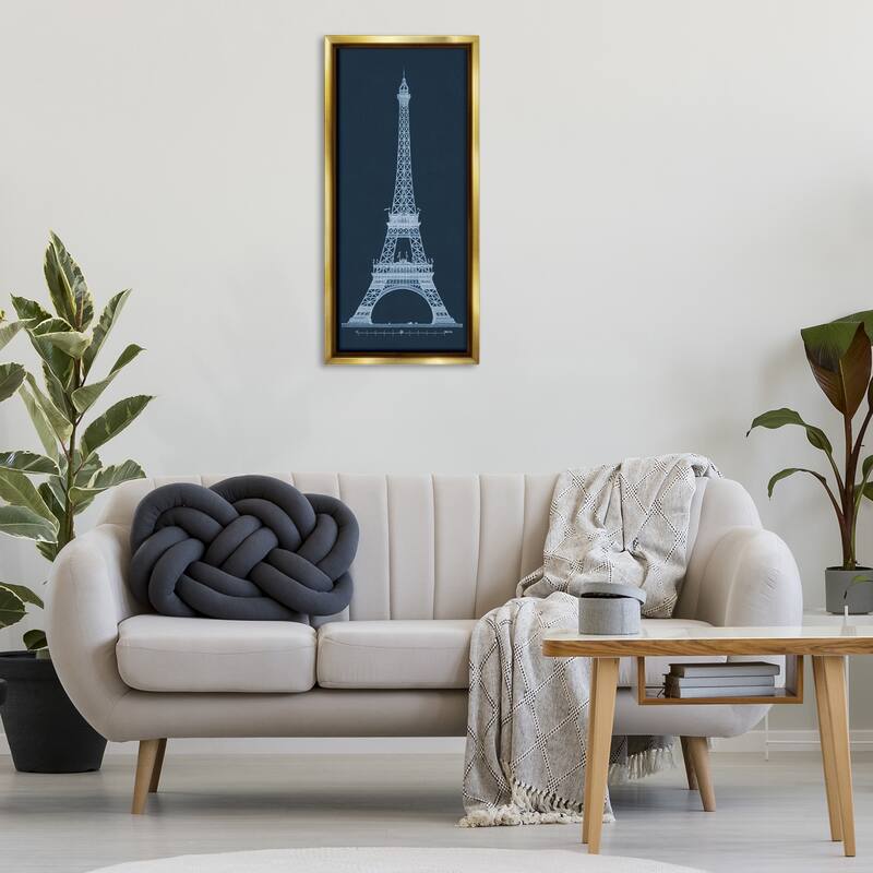 Stupell White Parisian Tower on Blue Framed Floater Canvas Wall Art Design By Phillipa Katz
