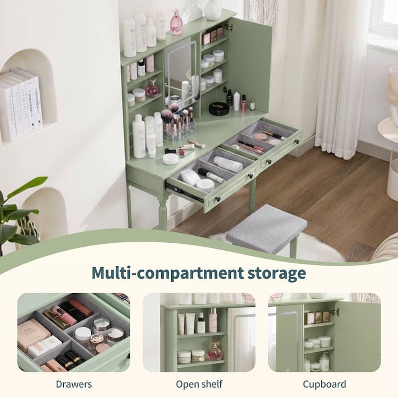 Vanity Desk with Adjustable Lighted Mirror & Upholstered Stool