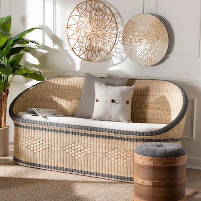 Emiliana Natural Rattan Loveseat - Handwoven Wicker Sofa with Two-Tone Woven Detailing and Cushion, Boho Coastal Seating