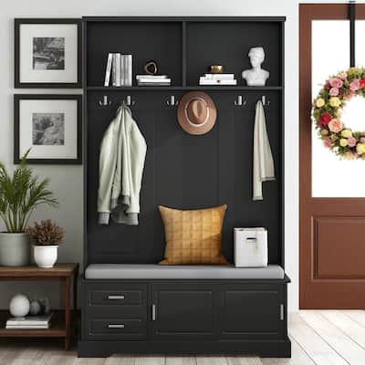 Hall Tree with Sliding Doors, 6 Hooks & Padded Bench, Entryway Coat Rack Shoe Storage Cabinet, 47.2" Wide Cushion, Anti-Tip