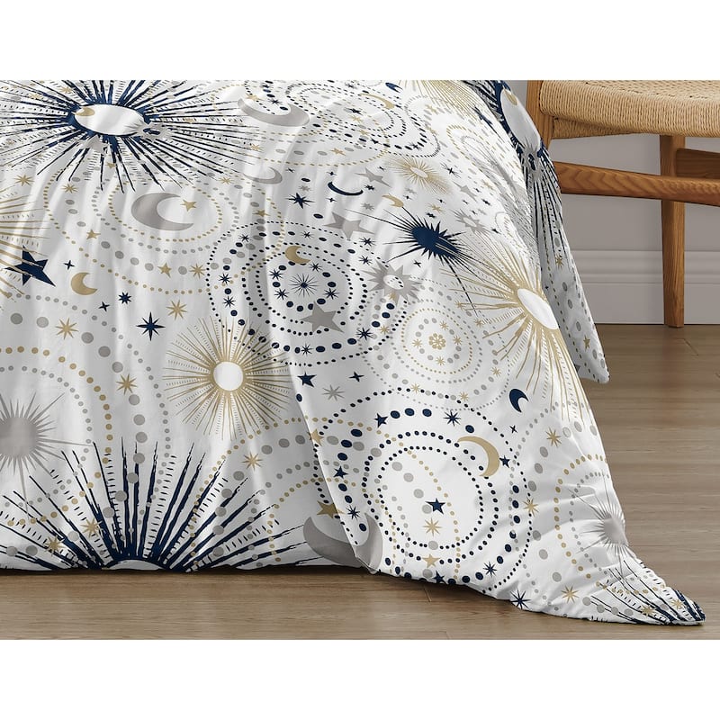 Star and Moon Collection Boy or Girl 2pc Twin Comforter Set - Navy Blue Gold and Grey Celestial Sky Stars Gender Neutral Unisex