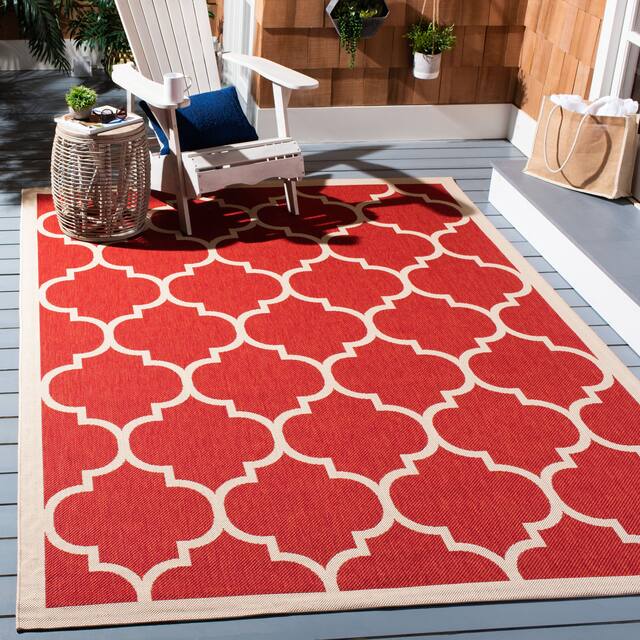 SAFAVIEH Courtyard Kathy Indoor/ Outdoor Waterproof Patio Backyard Rug - 6'7" x 9'6" - Red/Bone