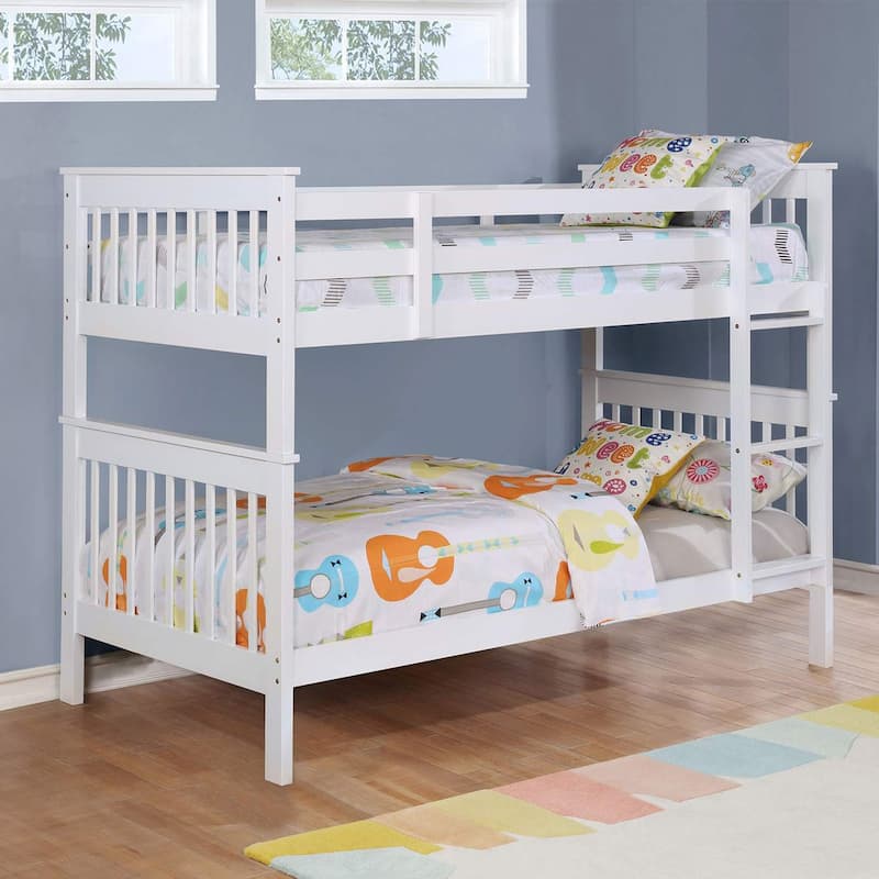 Wood Twin Over Twin Bunk Bed with Mattress in White