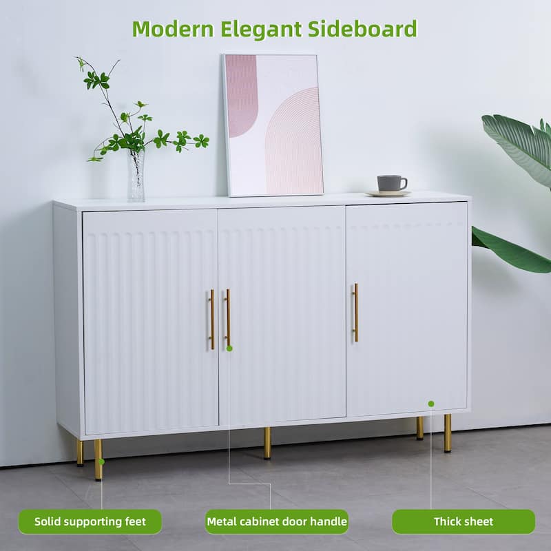 White Metal Handle 3-Door Sideboard with Fluted Design and Storage - 55.12” L x 13.78” W x 35.83” H