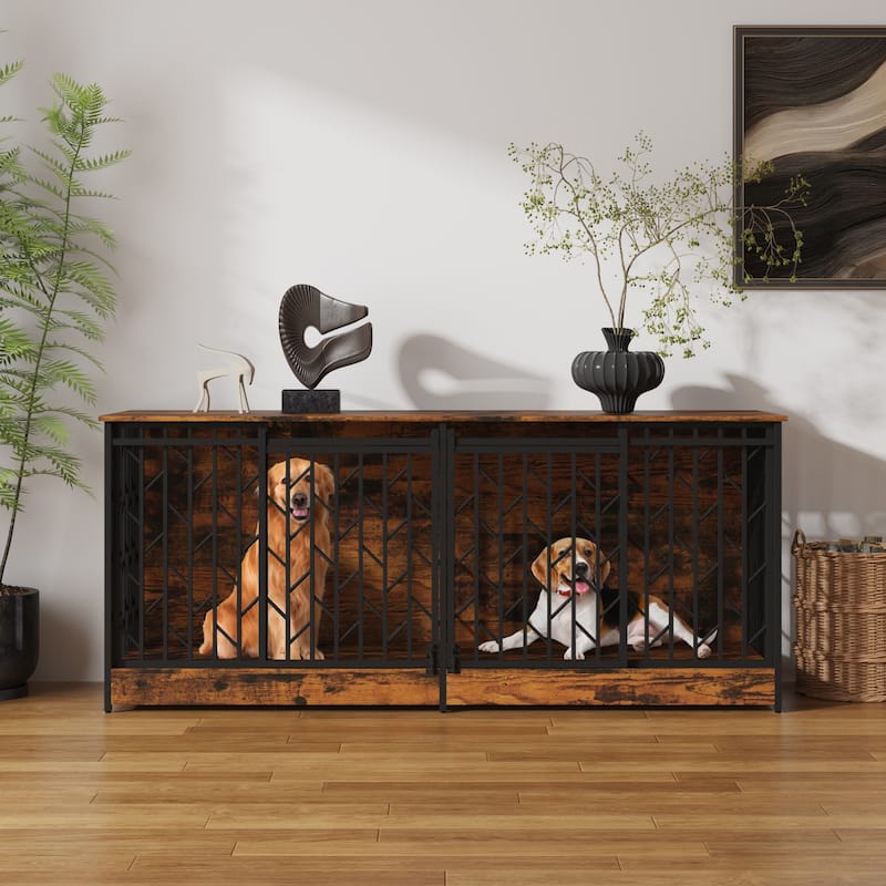 Large Double Dog Crate Furniture for Medium and Large Dogs, Rustic Industrial Dog Kennel End Table