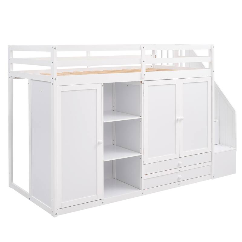 Twin Loft Bed with Wardrobes, Shelves, and Drawers, Space-Saving Design