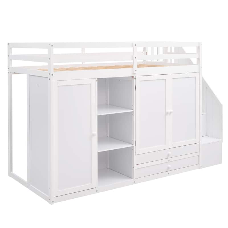 Twin Size Space-Saving Loft Bed with 3 Shelves & 2 Drawers, Solid Wood Functional Loft Bed Frame w/2 Wardrobes & Storage Stairs
