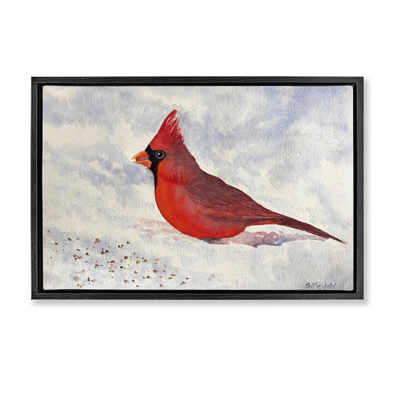 Stupell Red Cardinal in Snow Framed Floater Canvas Wall Art Design By Stephanie Fielden - 31 x 21 - Black