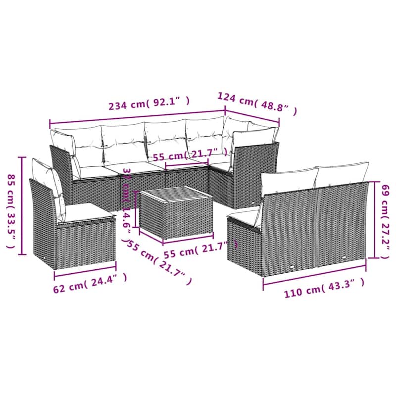 vidaXL Patio Sofa Set with Cushions Outdoor Furniture 9 Piece Poly Rattan - 24.4" x 24.4" x 27.2"