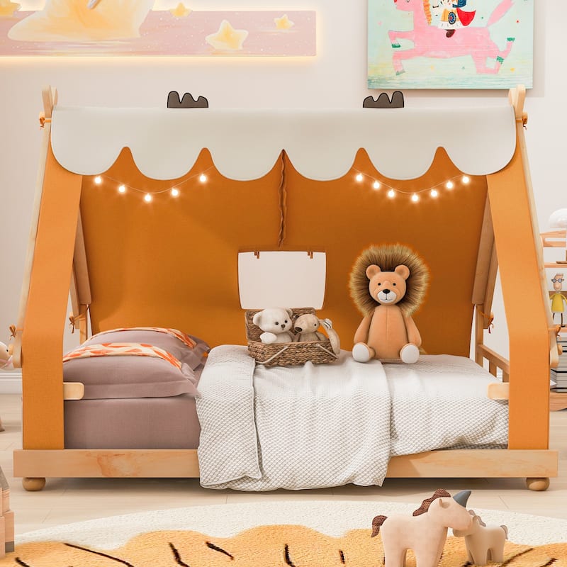 Deer Antler Accents House Bed Tent with Light and Roll-Up Curtain Skylight, Low Platform Bed with Detachable Tent and Roof - Brown - Full