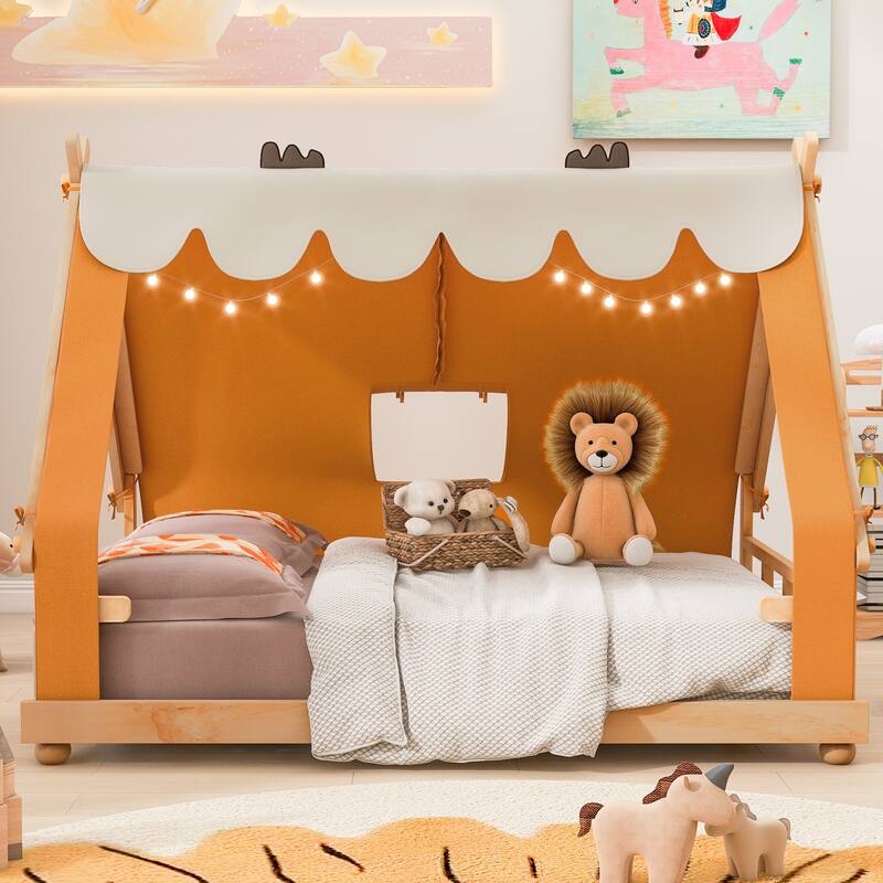 House Bed with Antler Accents Light Tent and Roof Wood Bed Frame