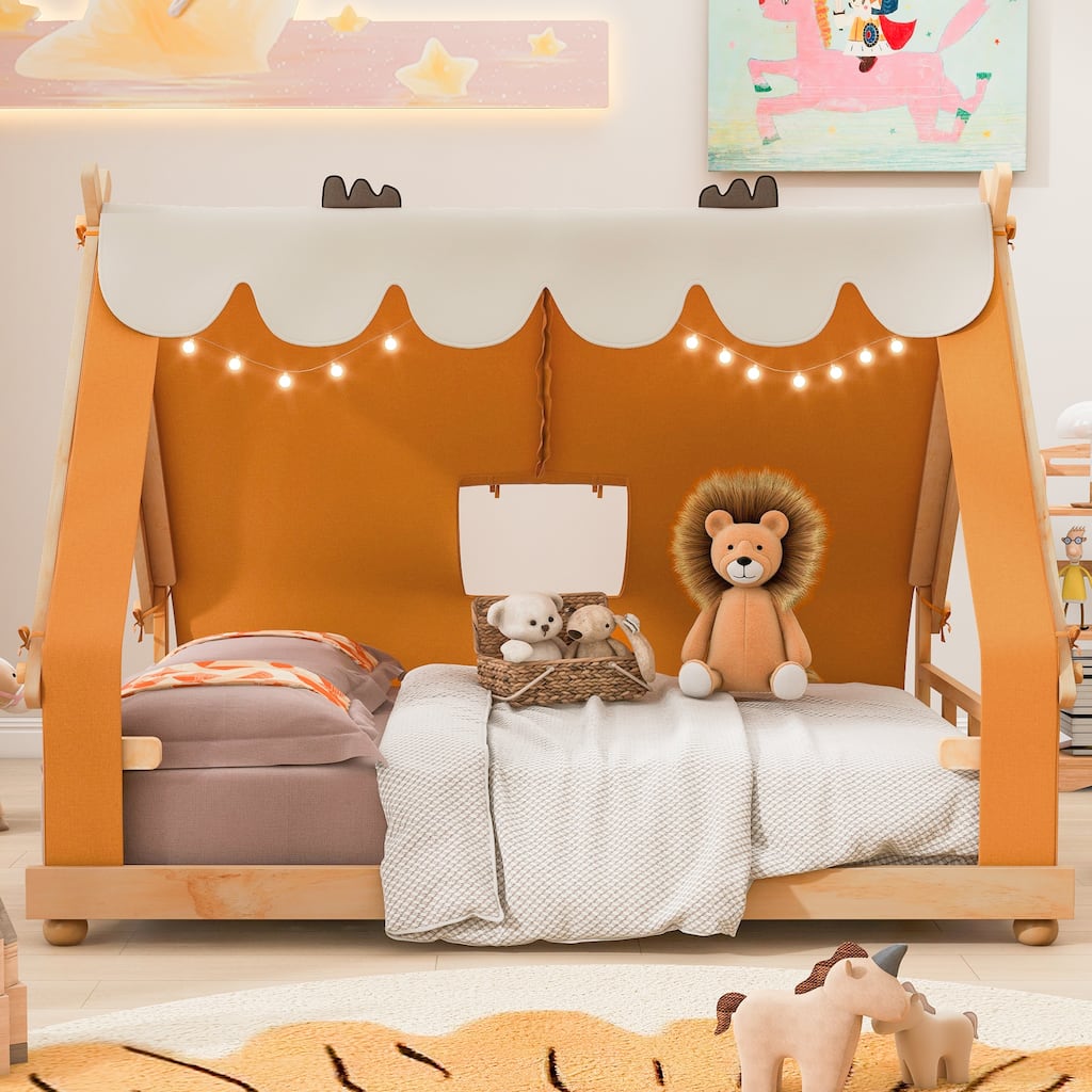 Kids House Bed with Detachable Tent Skylight and Light Features
